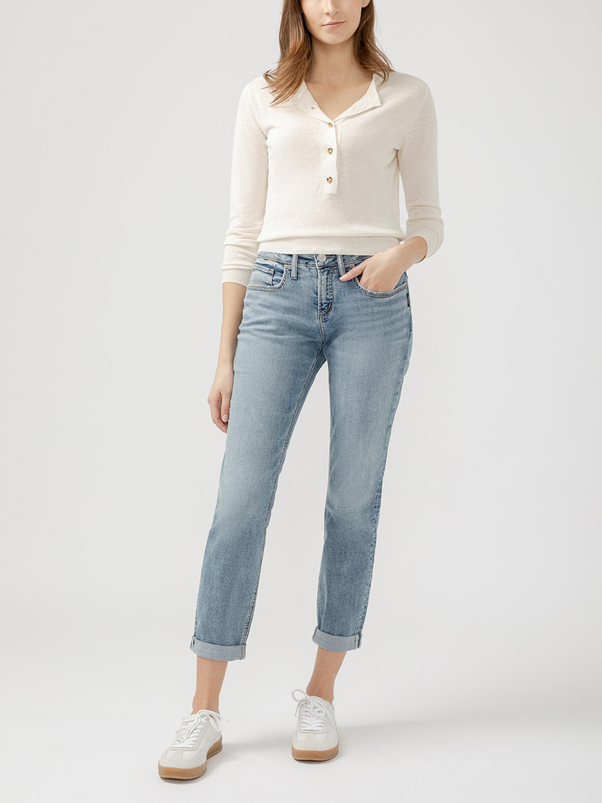 Boyfriend Mid Rise Slim Leg Luxe Stretch Jeans image number 0