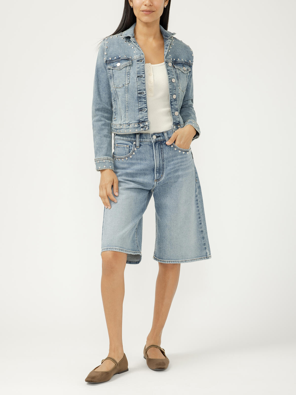 Limited Edition Studded Denim Long Shorts image number 0