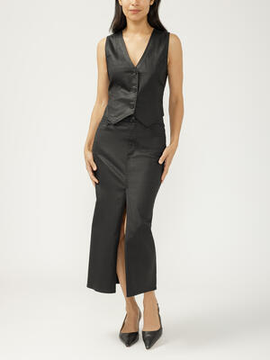 Coated Front-Slit Midi Skirt